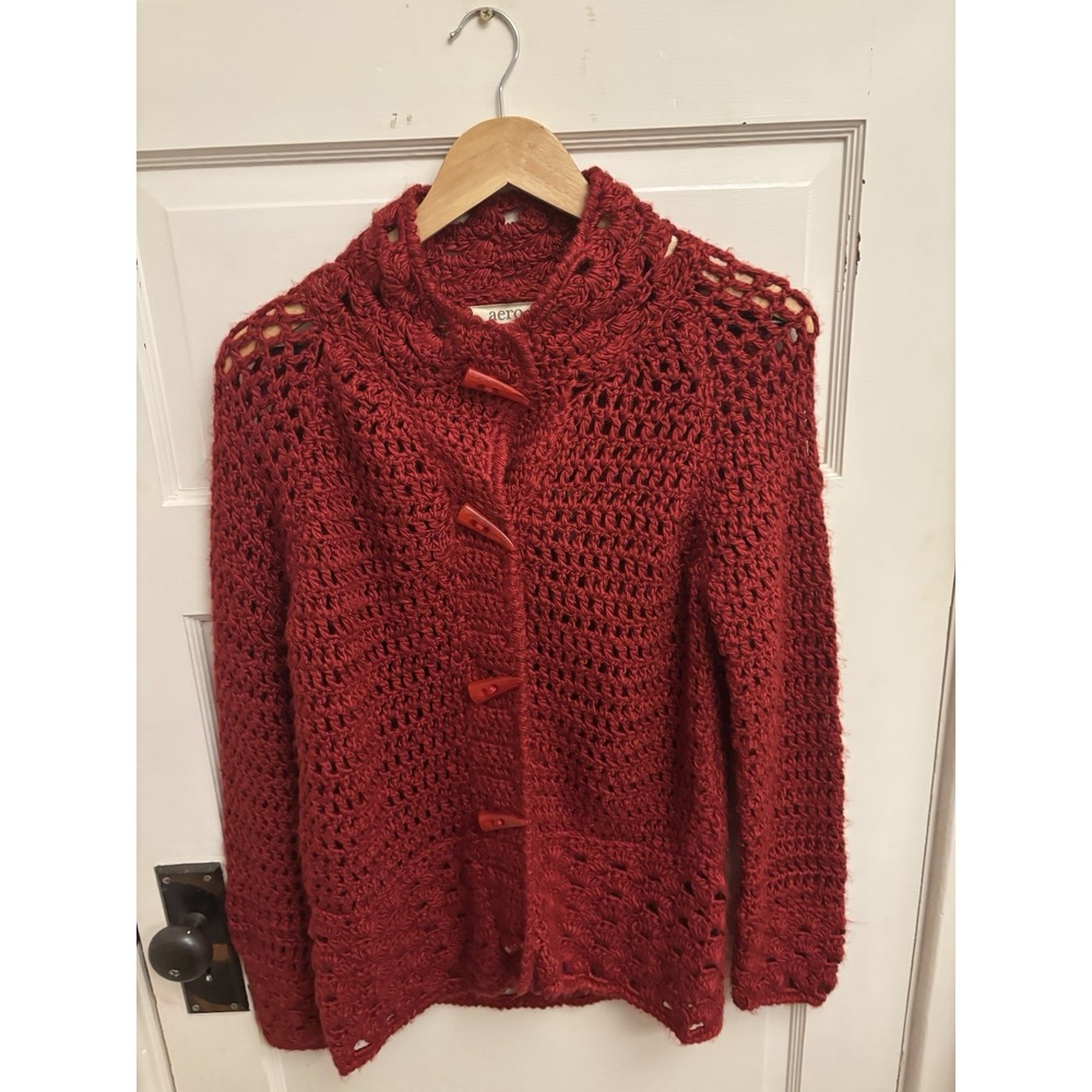 Aero Women's Red Acrylic Wool Blend Open Knit Toggle Cardigan Size‎ Medium